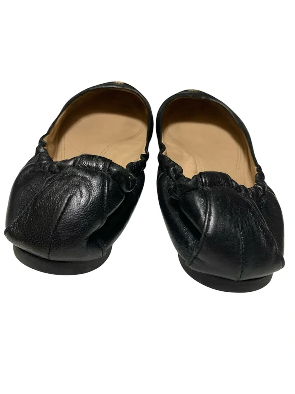 Tory Burch Black ‘York’ Leather Elastic-Back Ballet Flats with Gold Logo